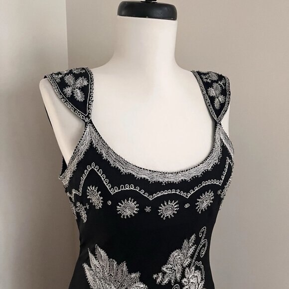 Adrianna Papell Y2K Silk Beaded Maxi Dress Black Floral Embroidery 0/XS - Picture 3 of 12
